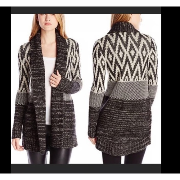 Lucky Brand Women's 2X Open Front Cardigan Sweater Knit Black Beige Aztec - Picture 1 of 7